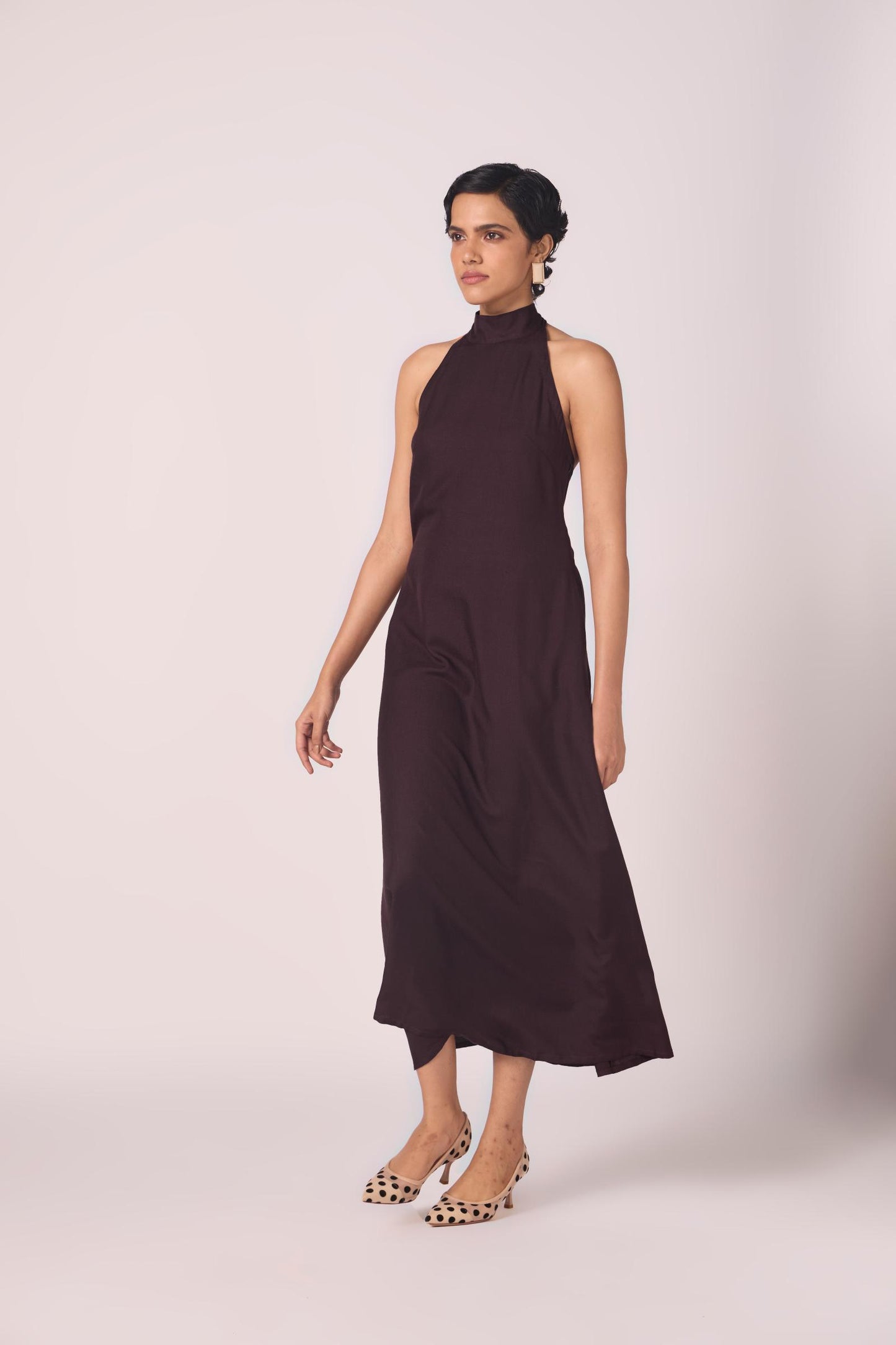 Saros Wine Silk Halter Dress