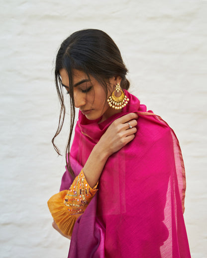 Tangerine Silk Tissue Chanderi Handwork Set with Two-Toned Silk Chanderi Dupatta