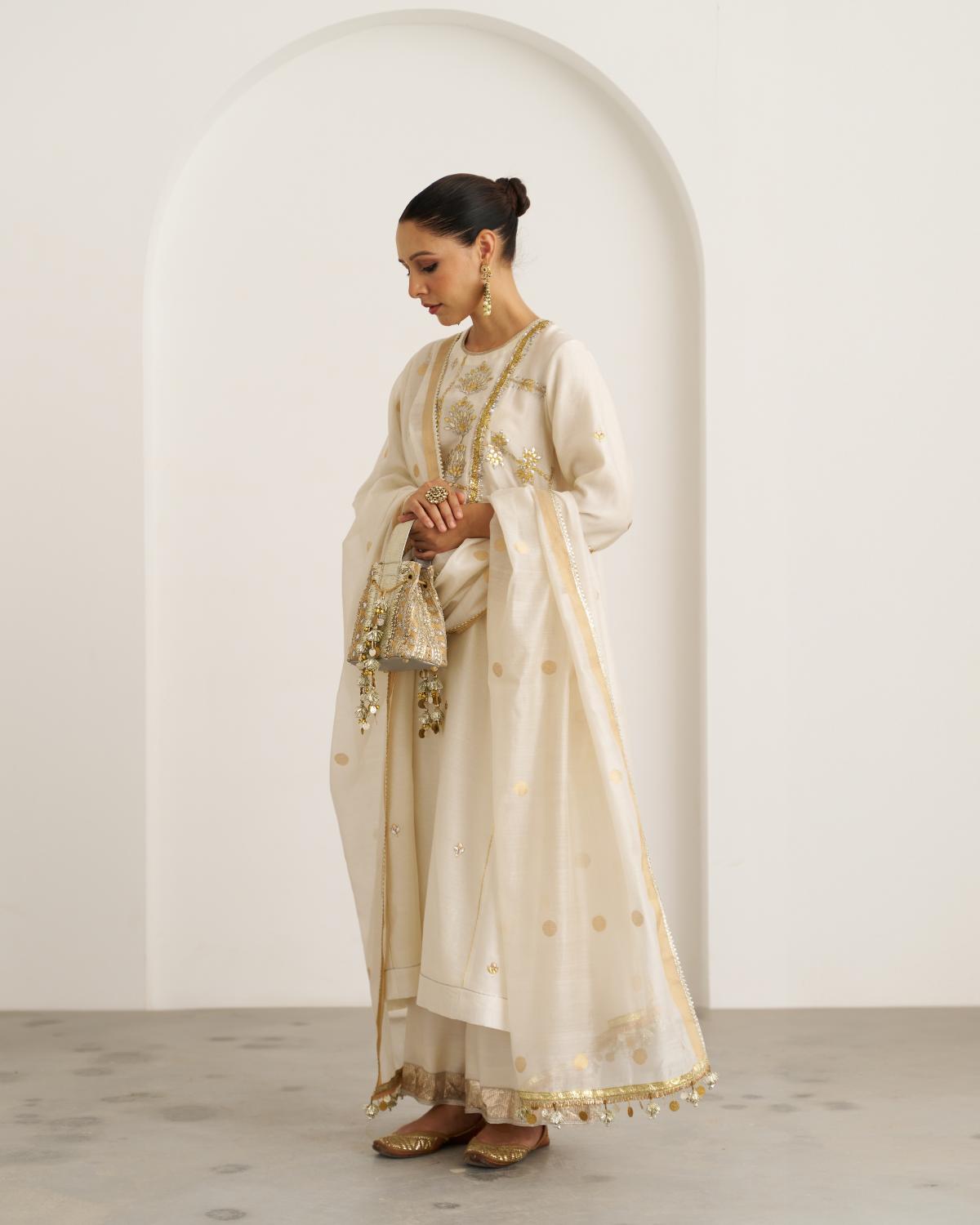The Suhaani Ivory & Gold Silk Chanderi Set with Handwork