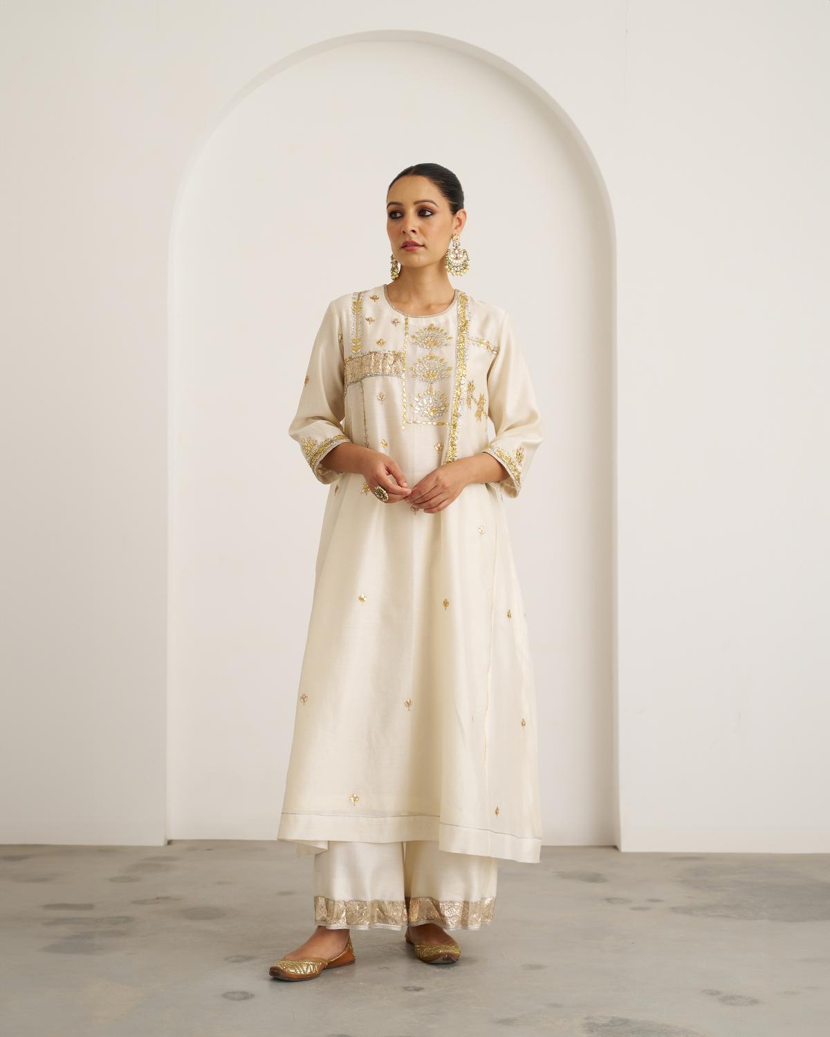 The Suhaani Ivory & Gold Silk Chanderi Set with Handwork