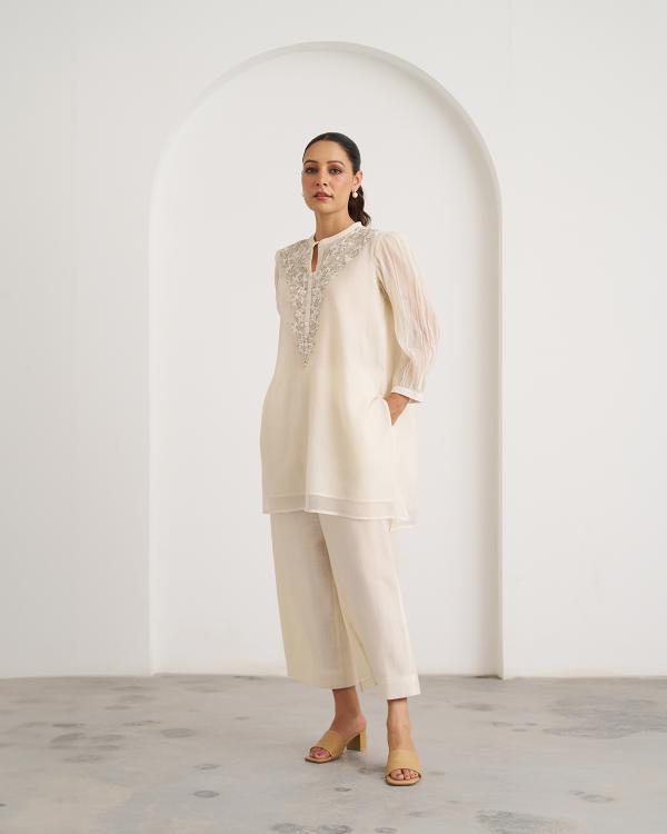 The Pearl White Mul Chanderi Top & Pants Set