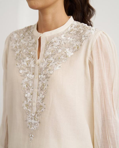 The Pearl White Mul Chanderi Top & Pants Set