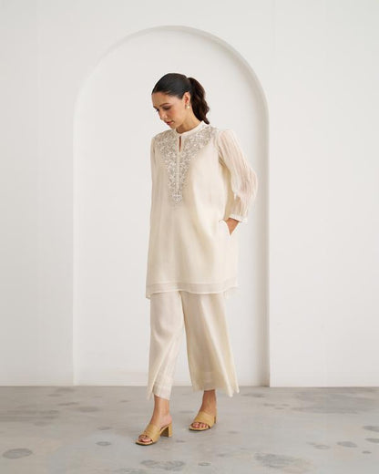 The Pearl White Mul Chanderi Top & Pants Set