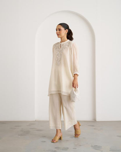 The Pearl White Mul Chanderi Top & Pants Set