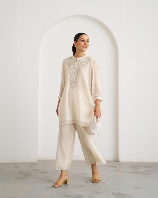 The Pearl White Mul Chanderi Top & Pants Set