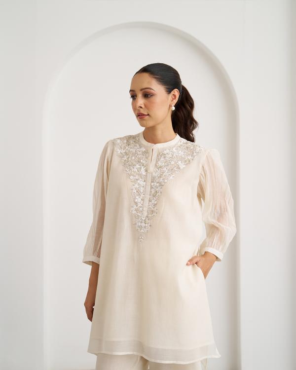 The Pearl White Mul Chanderi Top & Pants Set