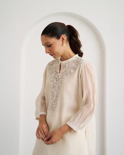 The Pearl White Mul Chanderi Top & Pants Set