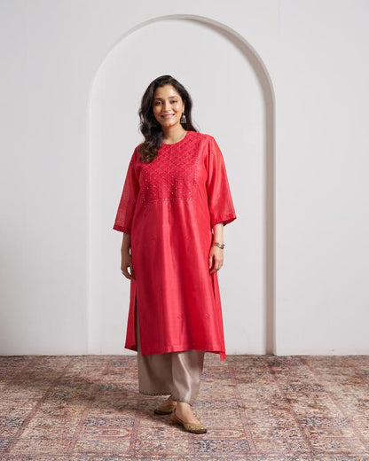 Watermelon Red Silk Chanderi Kurta with Handwork
