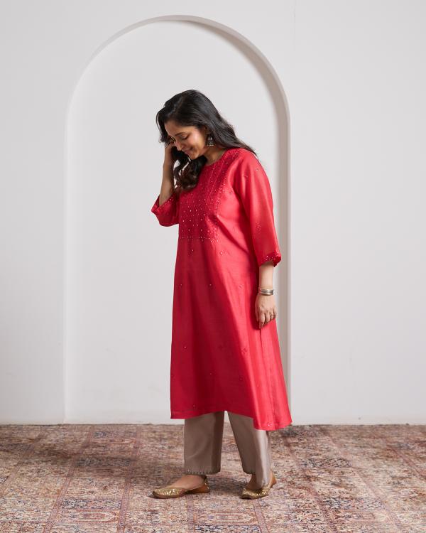 Watermelon Red Silk Chanderi Kurta with Handwork