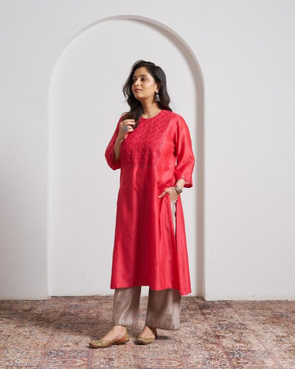 Watermelon Red Silk Chanderi Kurta with Handwork