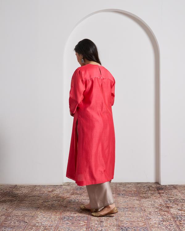 Watermelon Red Silk Chanderi Kurta with Handwork