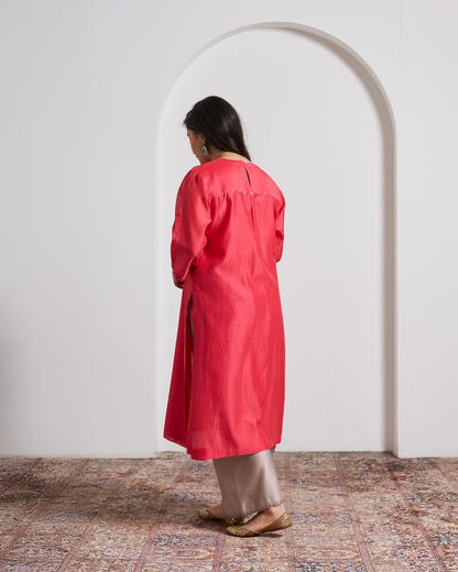 Watermelon Red Silk Chanderi Kurta with Handwork