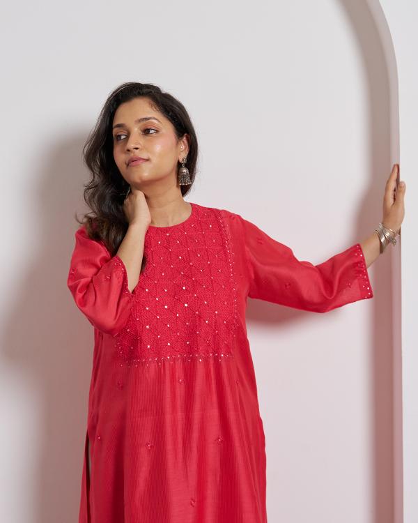 Watermelon Red Silk Chanderi Kurta with Handwork