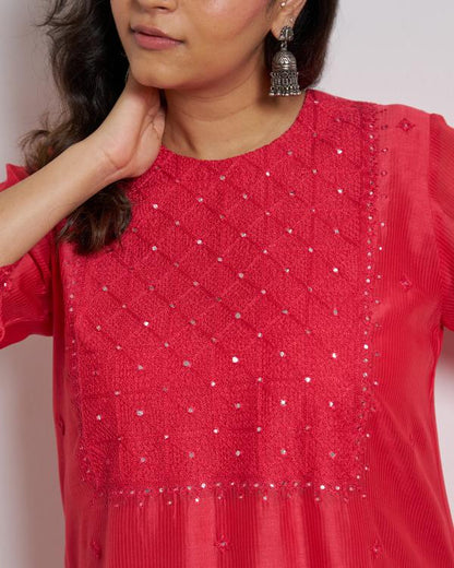 Watermelon Red Silk Chanderi Kurta with Handwork
