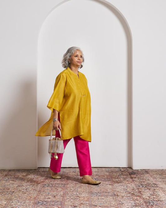 Sarson Yellow Pinstriped Silk Chanderi Anti-Fit Top with Handwork