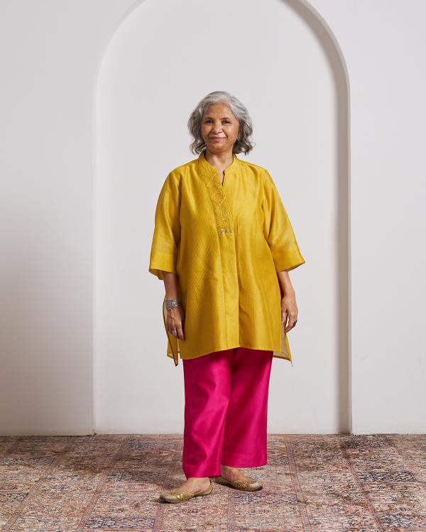 Sarson Yellow Pinstriped Silk Chanderi Anti-Fit Top with Handwork