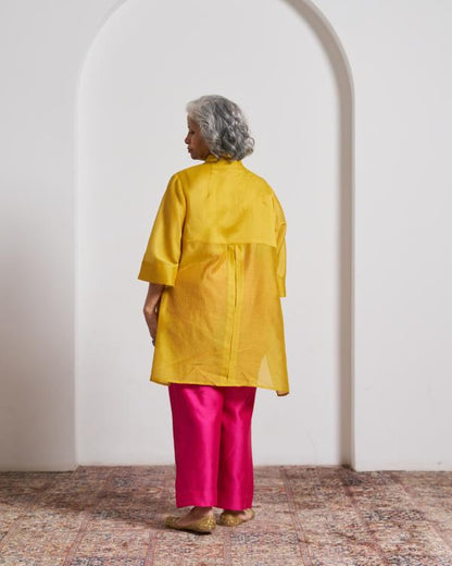 Sarson Yellow Pinstriped Silk Chanderi Anti-Fit Top with Handwork