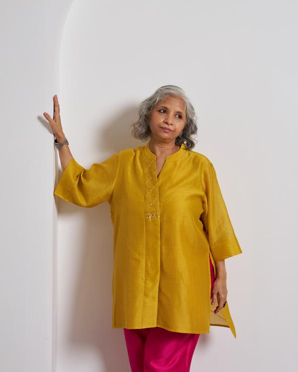 Sarson Yellow Pinstriped Silk Chanderi Anti-Fit Top with Handwork