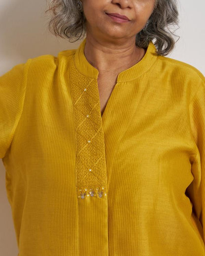 Sarson Yellow Pinstriped Silk Chanderi Anti-Fit Top with Handwork