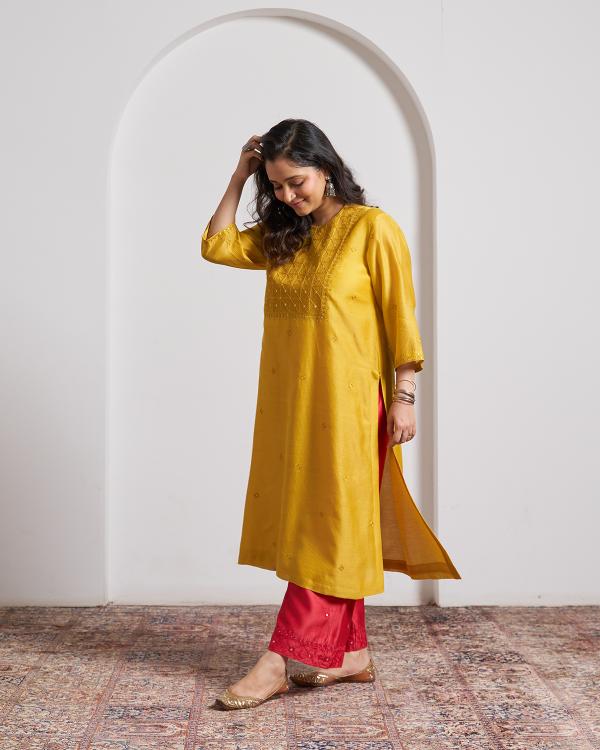 Sarson Yellow Silk Chanderi Kurta with Handwork