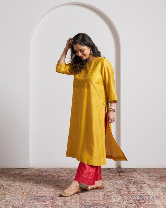 Sarson Yellow Silk Chanderi Kurta with Handwork
