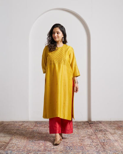 Sarson Yellow Silk Chanderi Kurta with Handwork