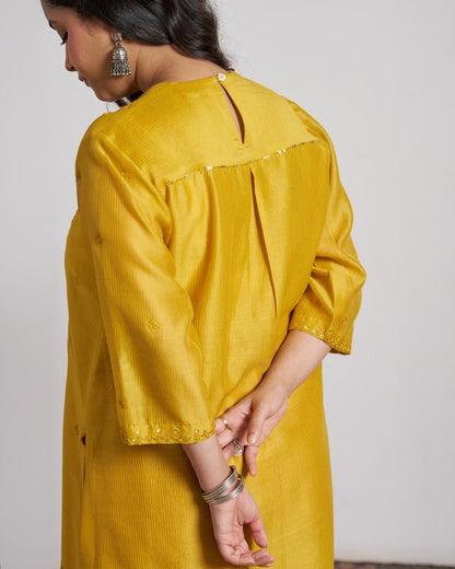 Sarson Yellow Silk Chanderi Kurta with Handwork