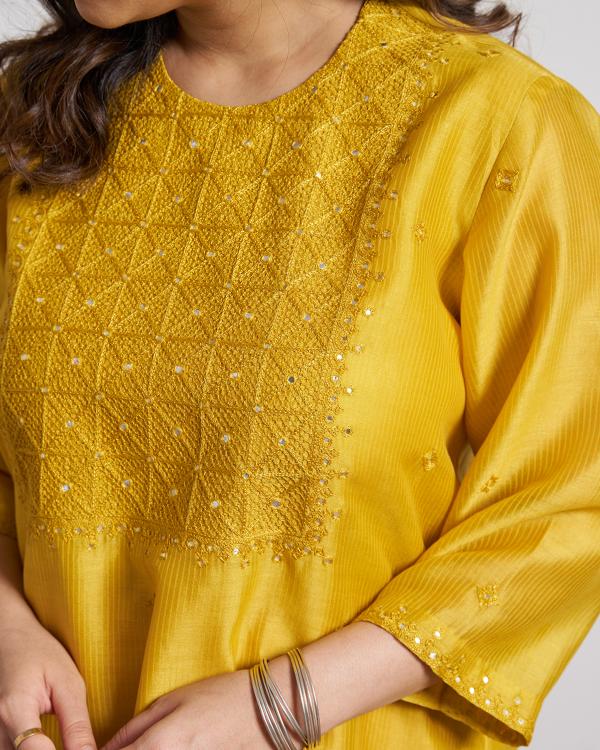 Sarson Yellow Silk Chanderi Kurta with Handwork
