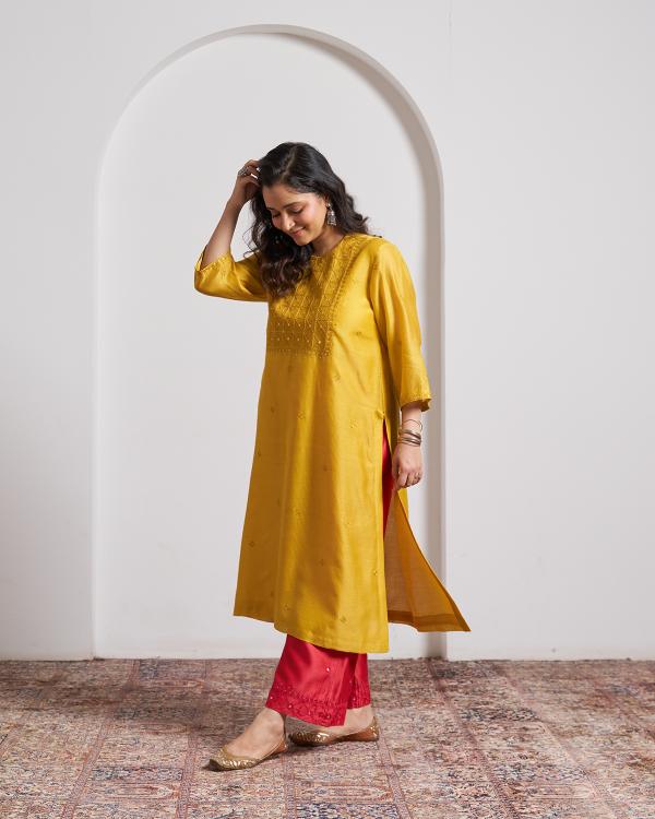 Sarson Yellow Silk Chanderi Kurta with Handwork