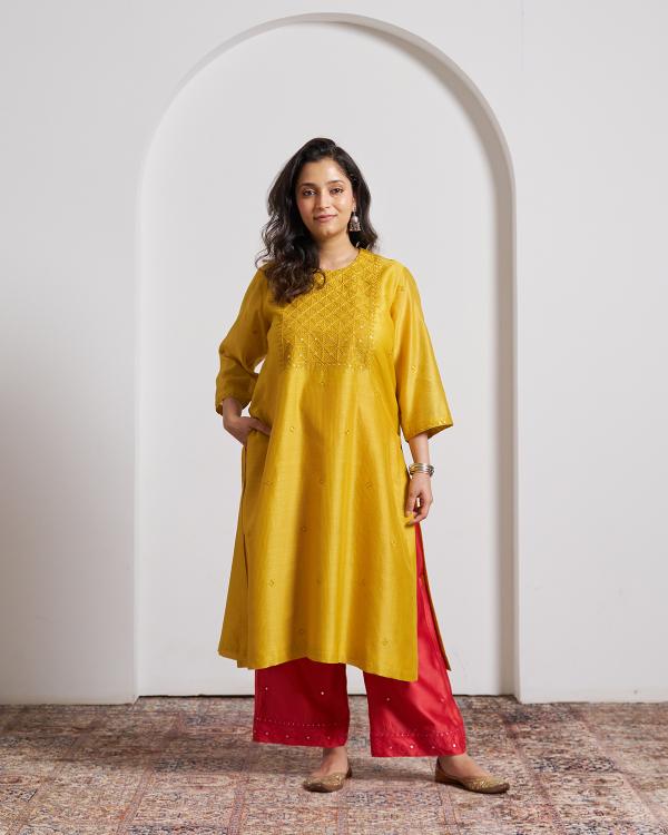 Sarson Yellow Silk Chanderi Kurta with Handwork