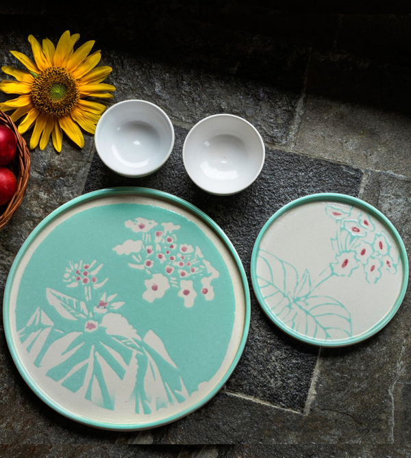 Lantana Teal Hand-thrown Hand-painted Stoneware Dinner Plate