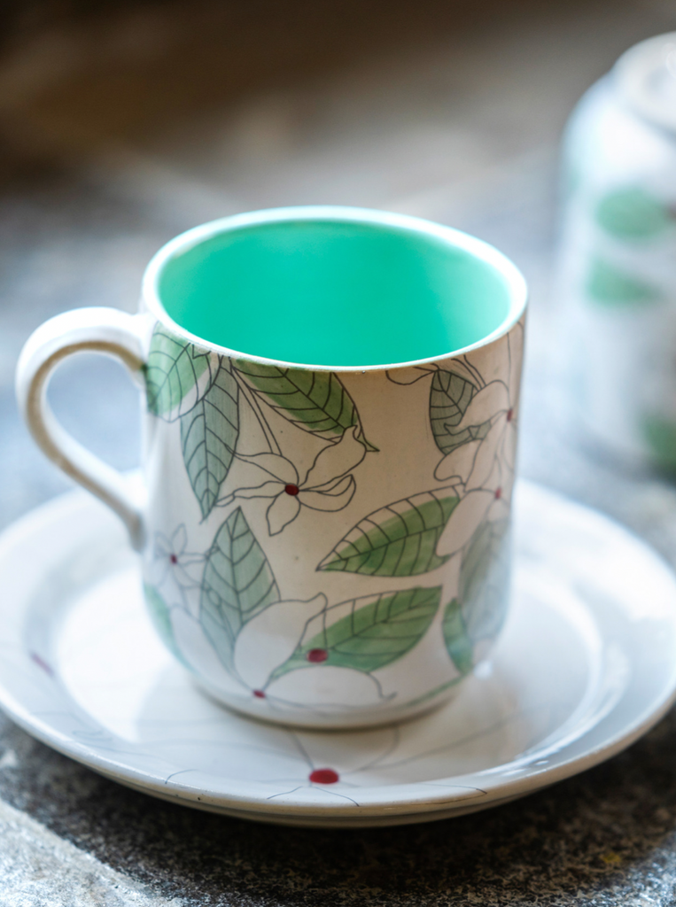 Chai, Hand-thrown Hand-painted Stoneware Teacup & Saucer Set - Teal & Green