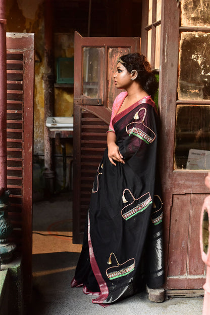 Black Mangalgiri With Silver Necklaces Saree