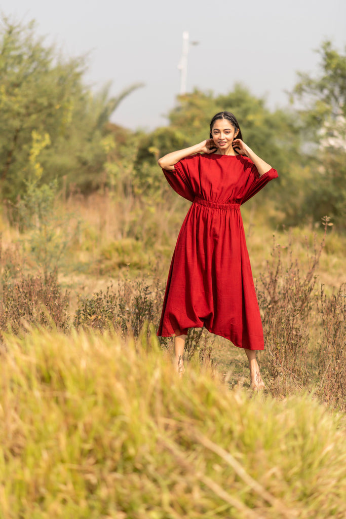 Madder Red Drop-Crotch Organic Kala Cotton Jumpsuit