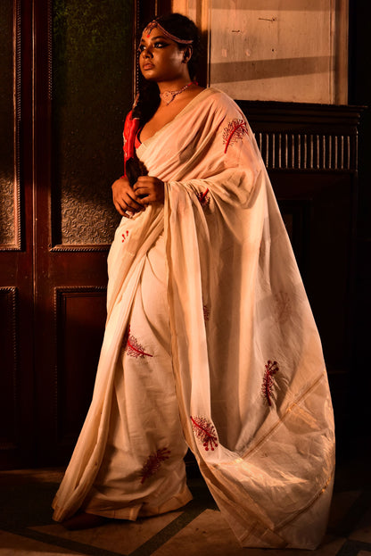 White Cotton Mangalgiri with Hibiscus Crown