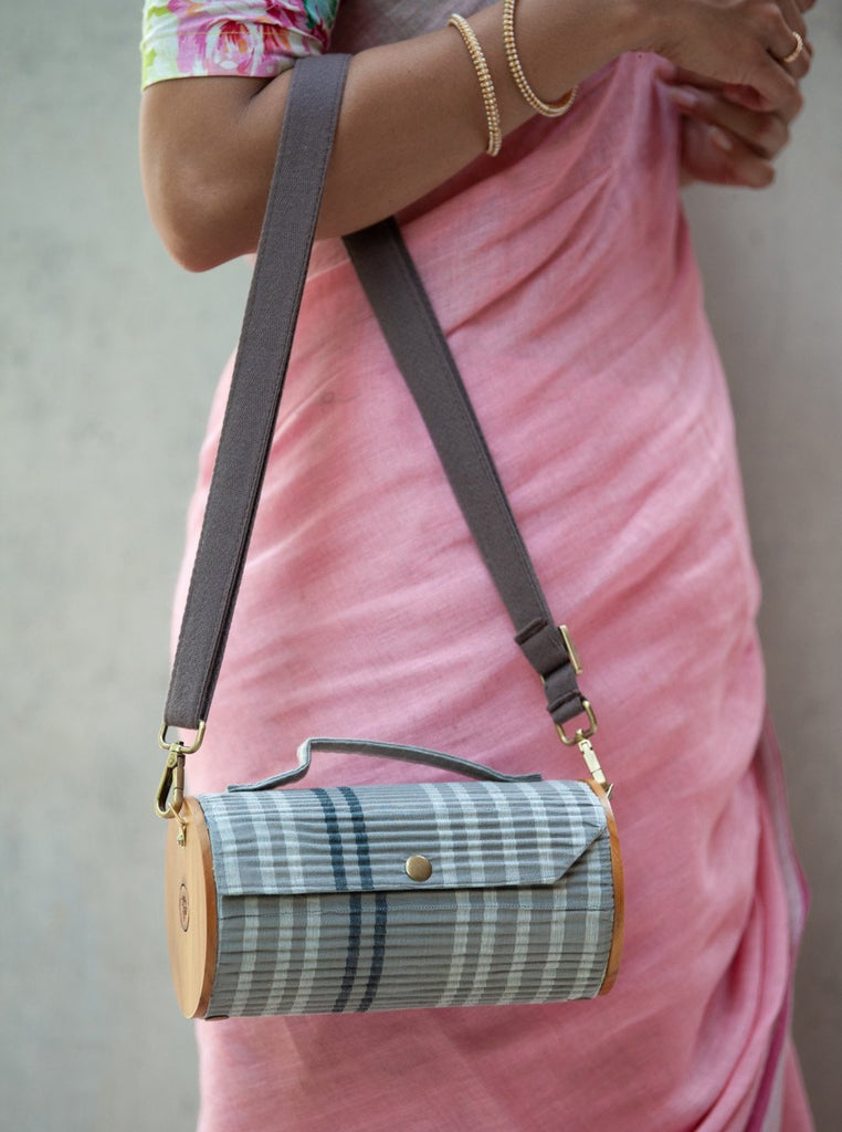 Round Sling Bag With Changeable Sleeve (Baby Pink Lines & Grey Double Lines)