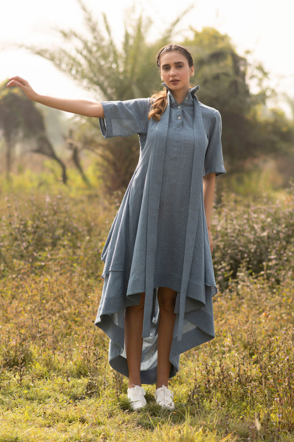 Indigo Blue Check Organic Kala Cotton Drape Dress