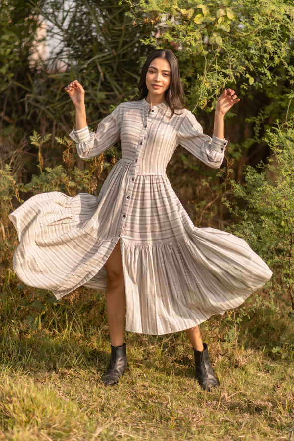 Grey-Cream Stripes Organic Kala Cotton Layered Dress