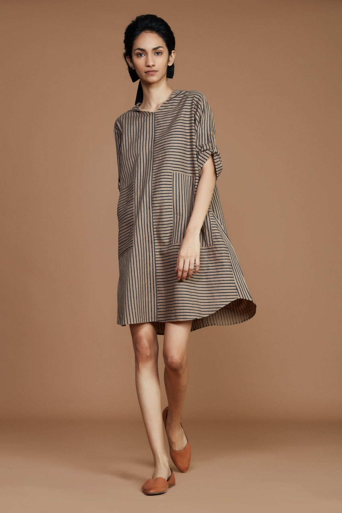 Brown With Charcoal Striped Hooded Dress