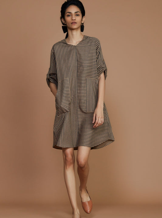 Brown With Charcoal Striped Hooded Dress