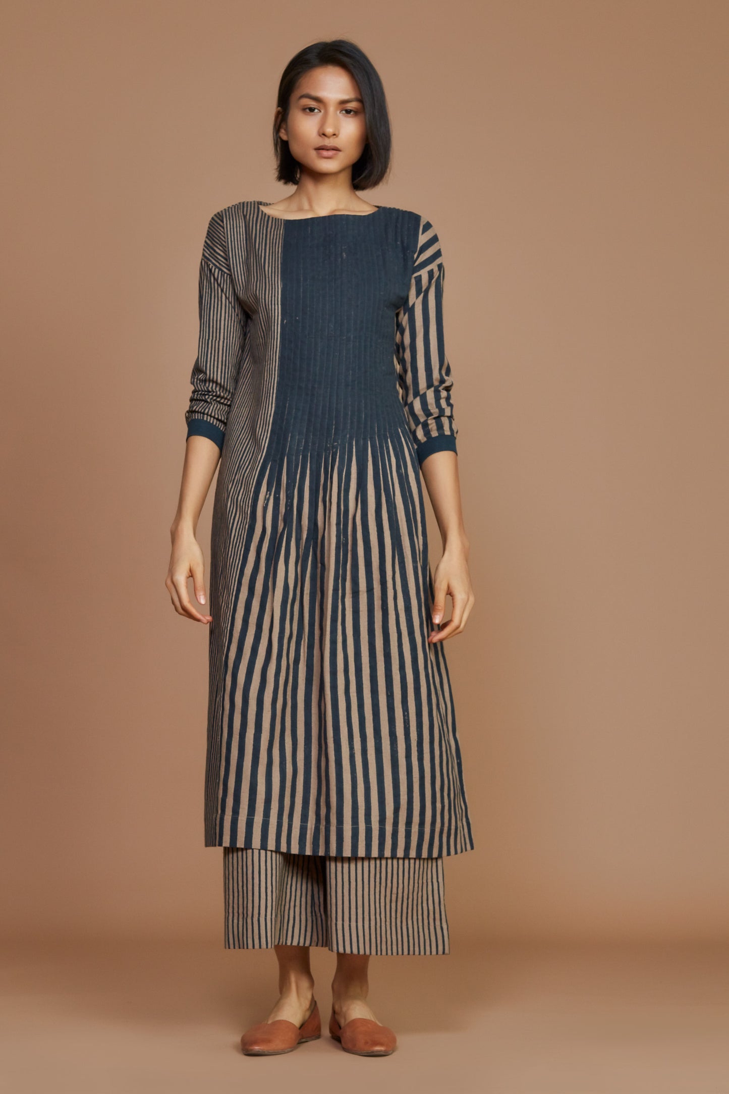 Brown with Charcoal Striped Pleated Dress