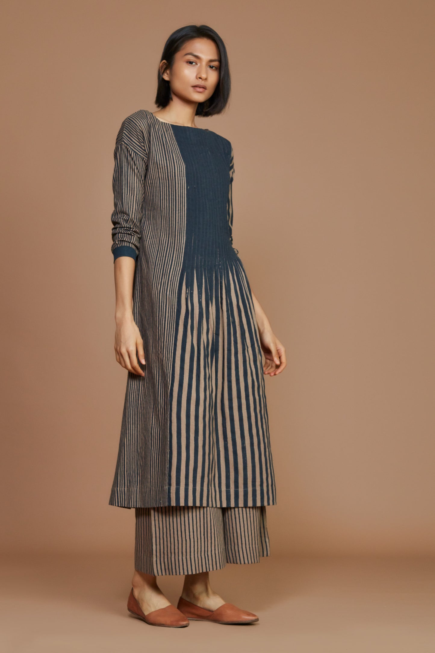 Brown with Charcoal Striped Pleated Dress