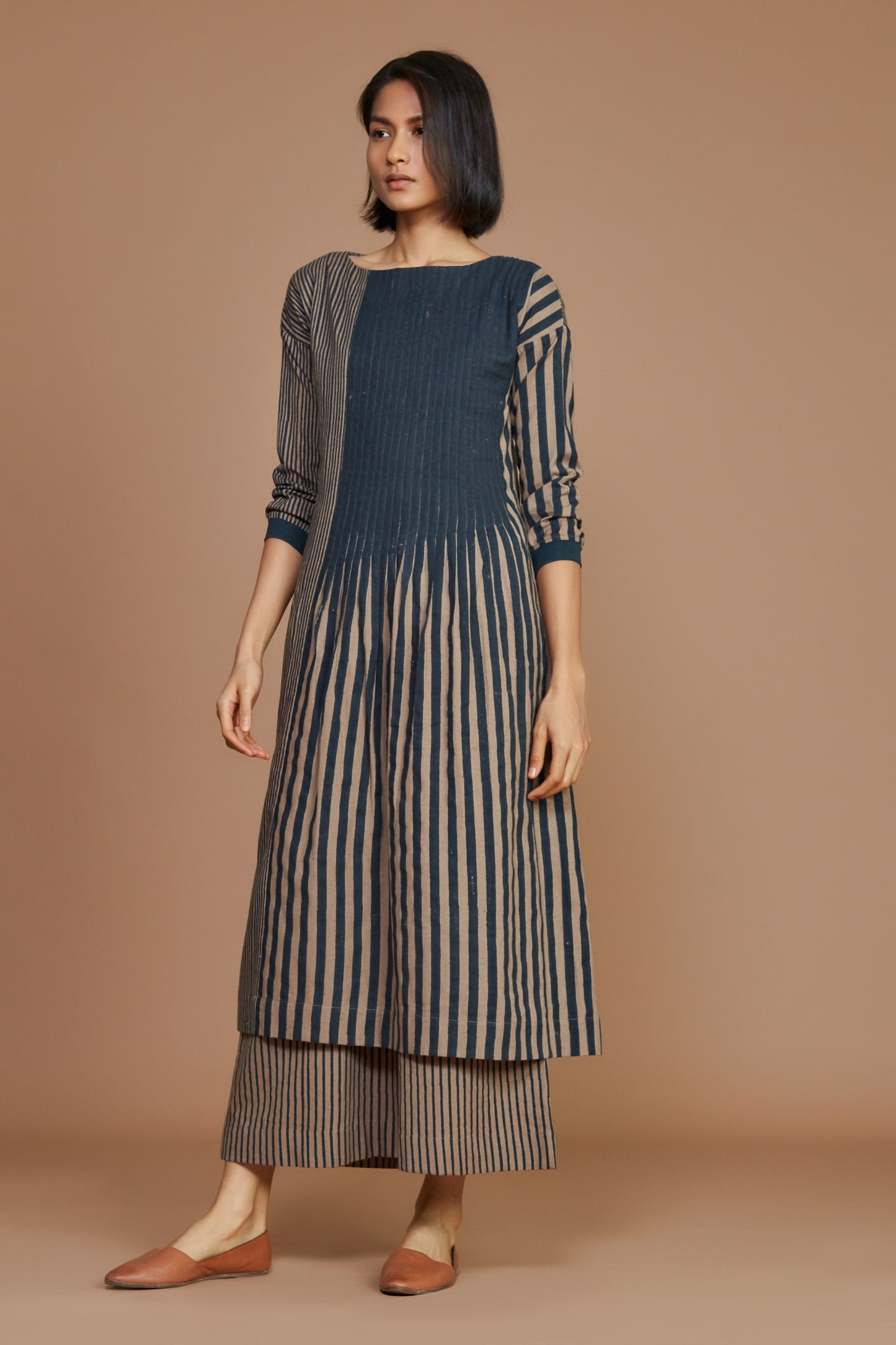 Brown with Charcoal Striped Pleated Dress