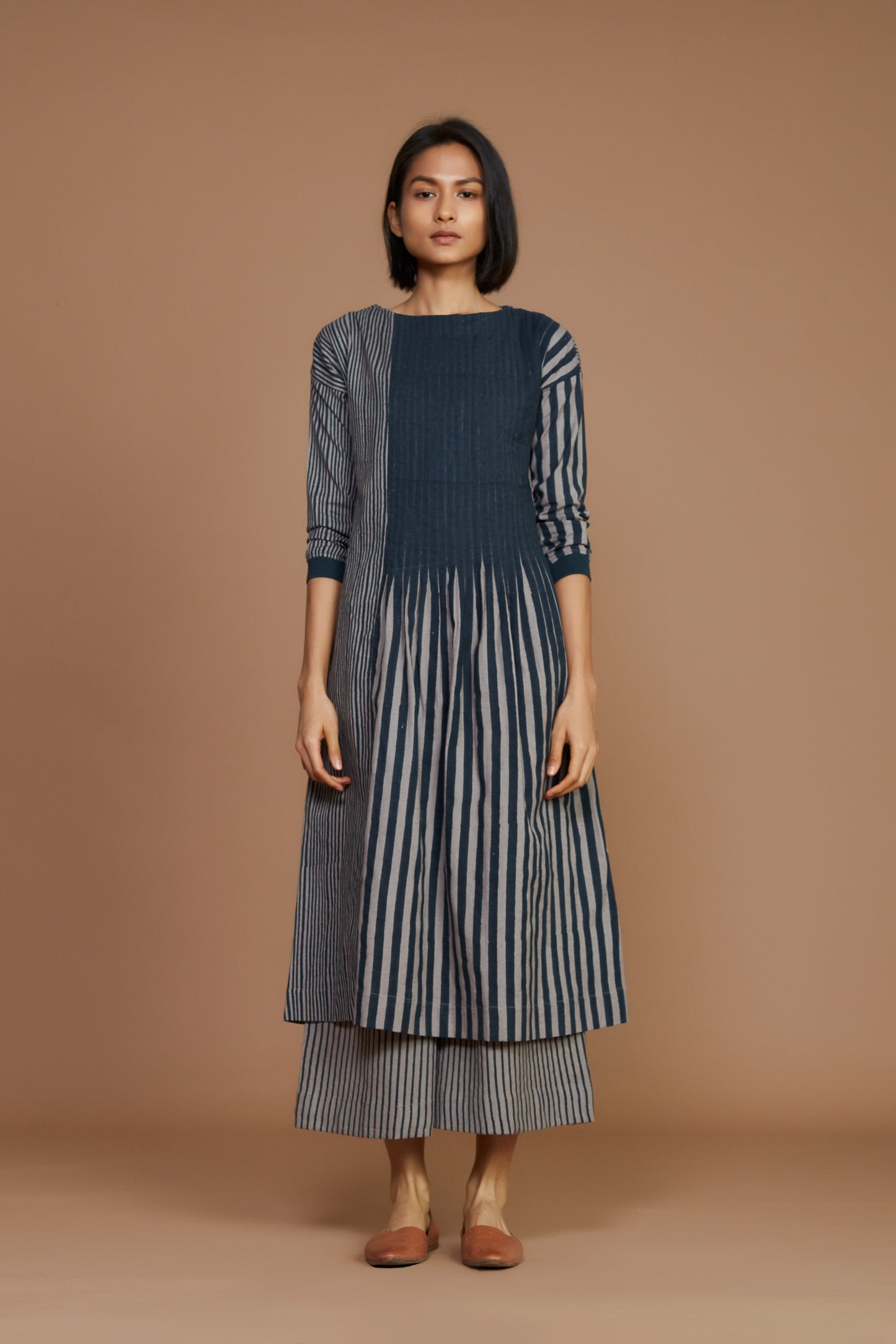 Grey with Charcoal Striped Pleated Dress