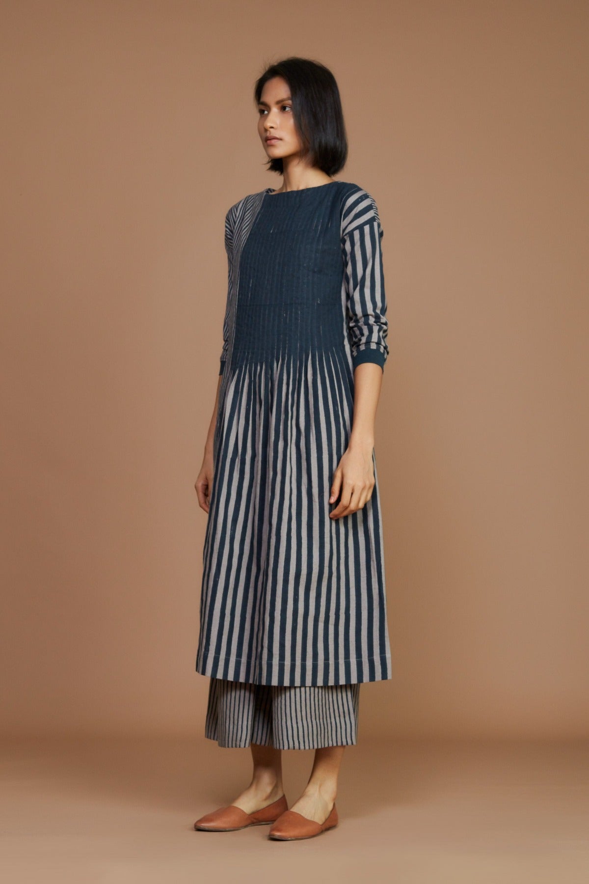 Grey with Charcoal Striped Pleated Dress