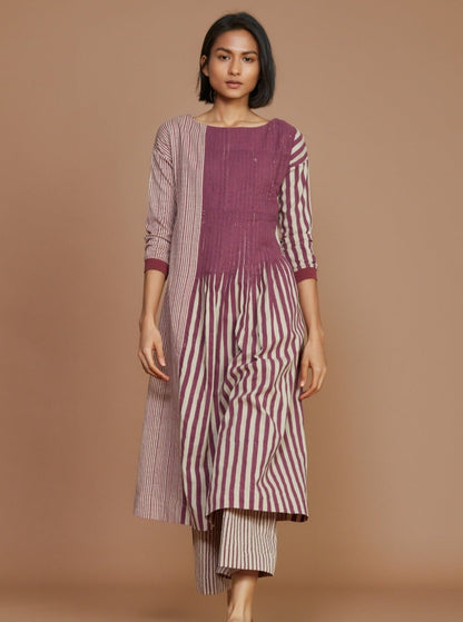 Ivory With Mauve Striped Pleated Dress