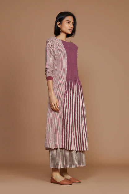 Ivory With Mauve Striped Pleated Dress