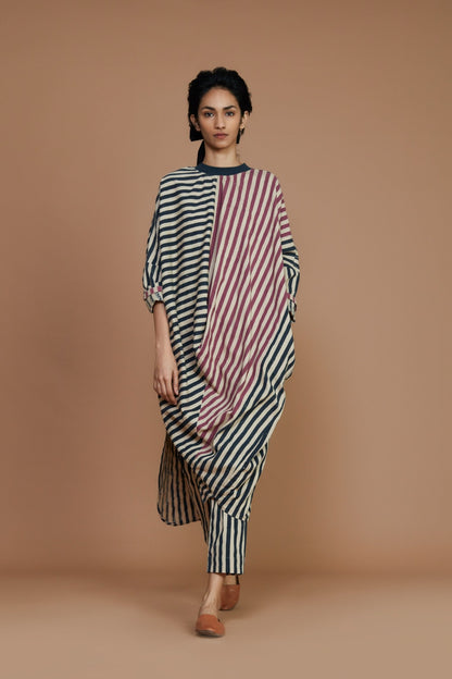 Ribbed Cowl Tunic Striped Ivory Dress