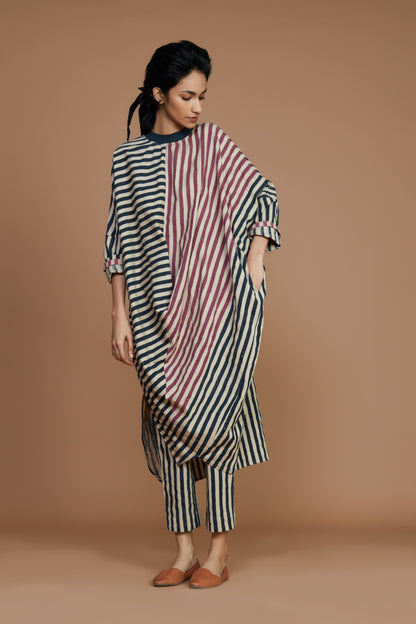 Ribbed Cowl Tunic Striped Ivory Dress