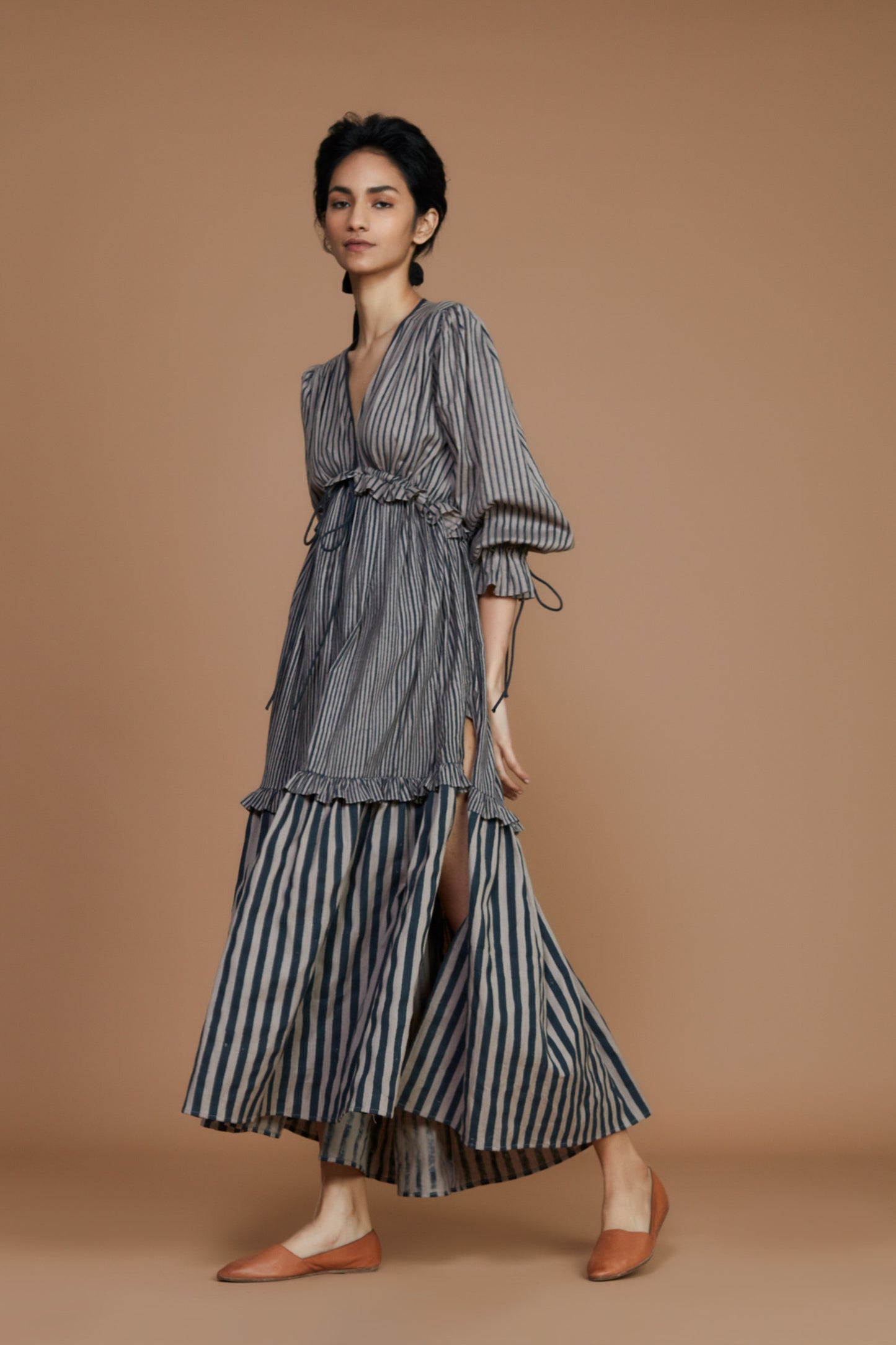 Tiered Frill Grey Striped Dress